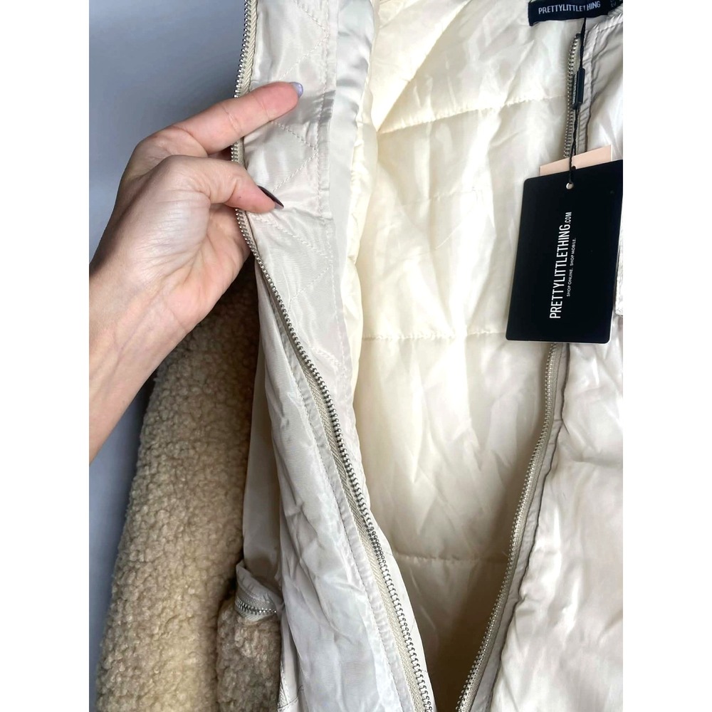 Pretty Little‎ Thing Women's Coat Jacket Bomber Front Borg Puffer Size 10 beige - Picture 6 of 12